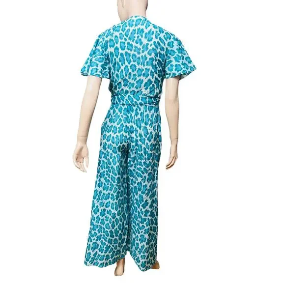 Diane von Furstenberg Green Animal Print Set of Wrap Top and Pants Size XS